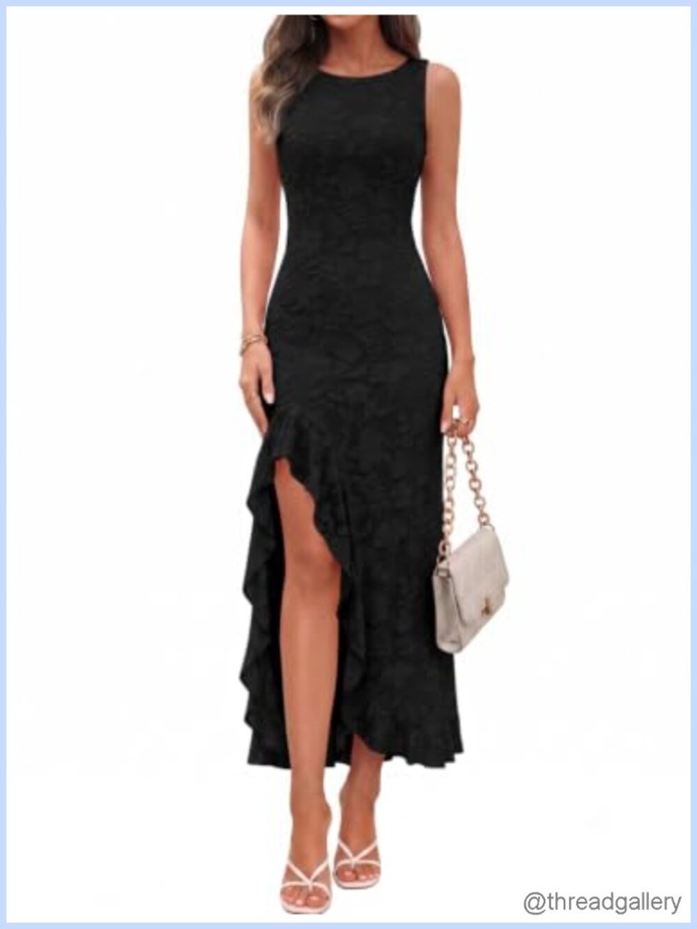 Women's Boat Neck Sleeveless High Slit Ruffle Maxi Dress Cocktail Formal